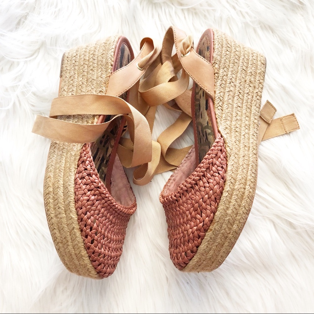 Sam Edelman Tie Up Straw Wedges Genuine Leather